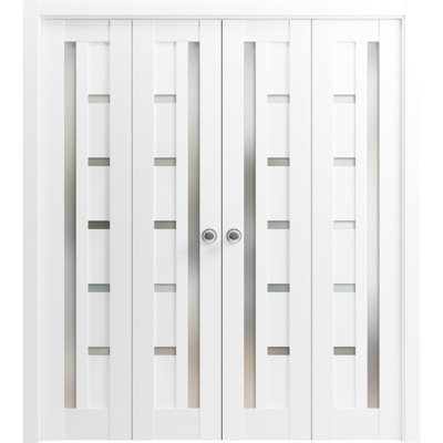 Sliding Closet Double Bi-fold Doors 96" x 84" (4* 24x84) Quadro 4088 White Silk with Frosted Glass Sturdy Tracks Moldings Trims Hardware Set Wood Solid Bedroom Wardrobe Doors