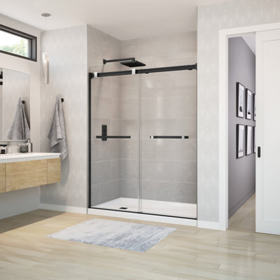 Duel 56-58 x 70-74 po. Porte de douche à dérivation 8 mm pour installation en alcôve avec verre transparent noir mat et chrome