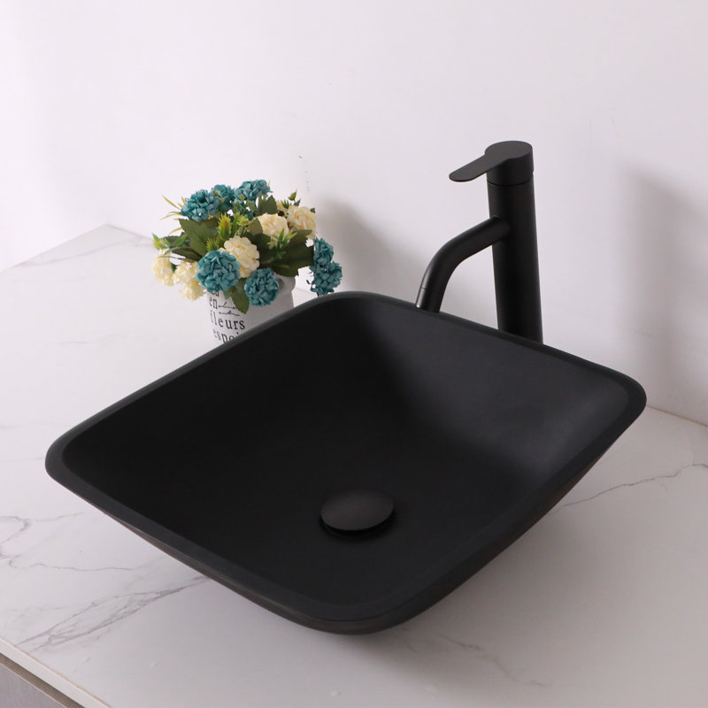 Lavabo de salle de bain en verre noir 16 po Lofeyo, lavabo vasque carré en verre trempé avec robinet et bonde escamotable, noir pur