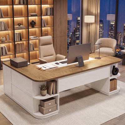 86.6" L-Shaped Executive Desk with Drawers and Storage Cabinet