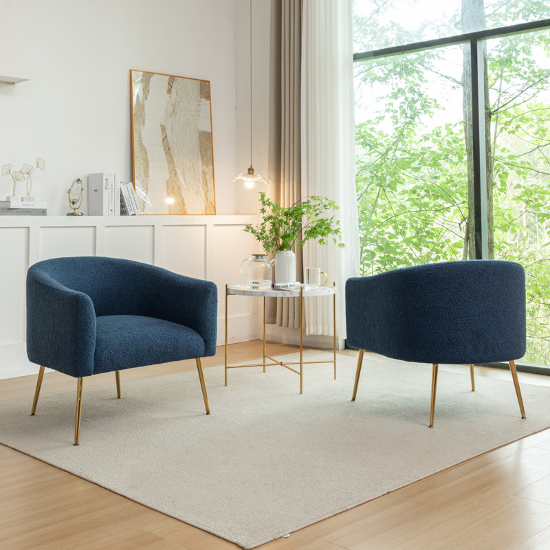 Fauteuil demi-tonneau Jameila, Fausse fourrure bleu marine, Doré, 2