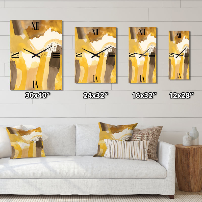 Moutarde jaune, rêves rétro, aquarelle I - très grandes horloges murales modernes Mid-Century, H 28 po x l 12 po x P 1 po