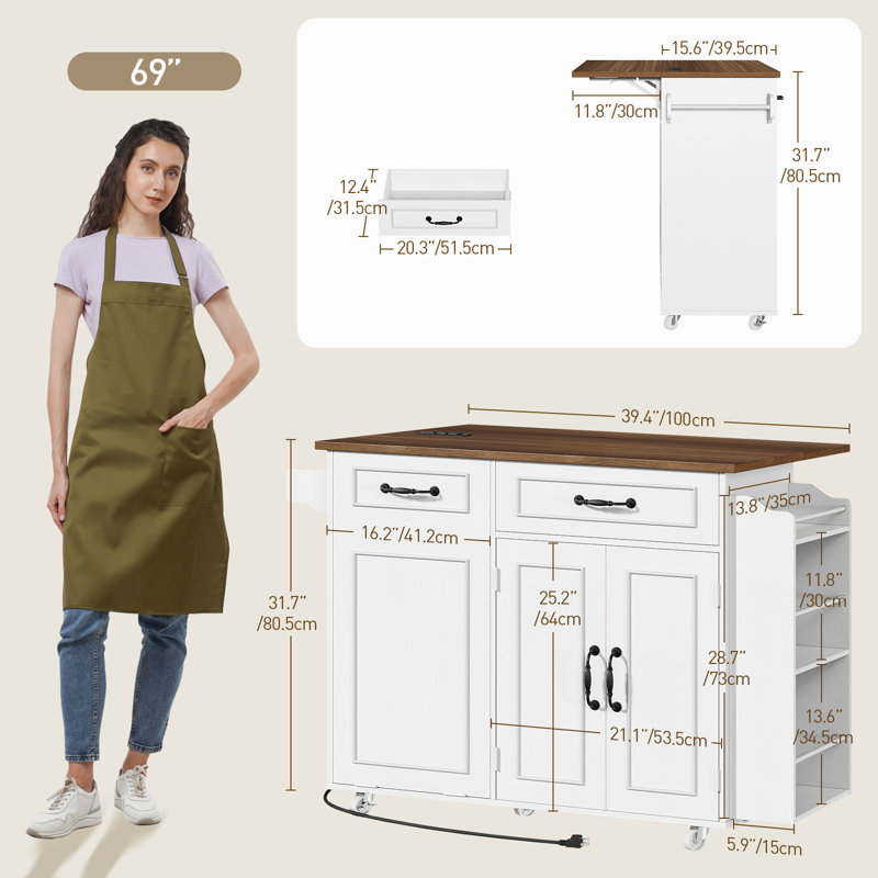 39.4" Kitchen Island with Power Outlet, Drop Leaf & Trash Can Storage, Rolling Cart with 3-Tier Spice Rack, White
