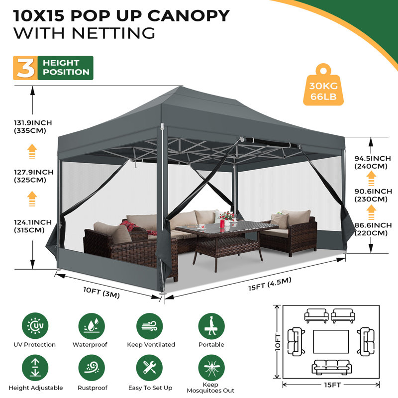 Auvent 10 po x 15 pi, abri de jardin escamotable avec filet grillagé, Gris