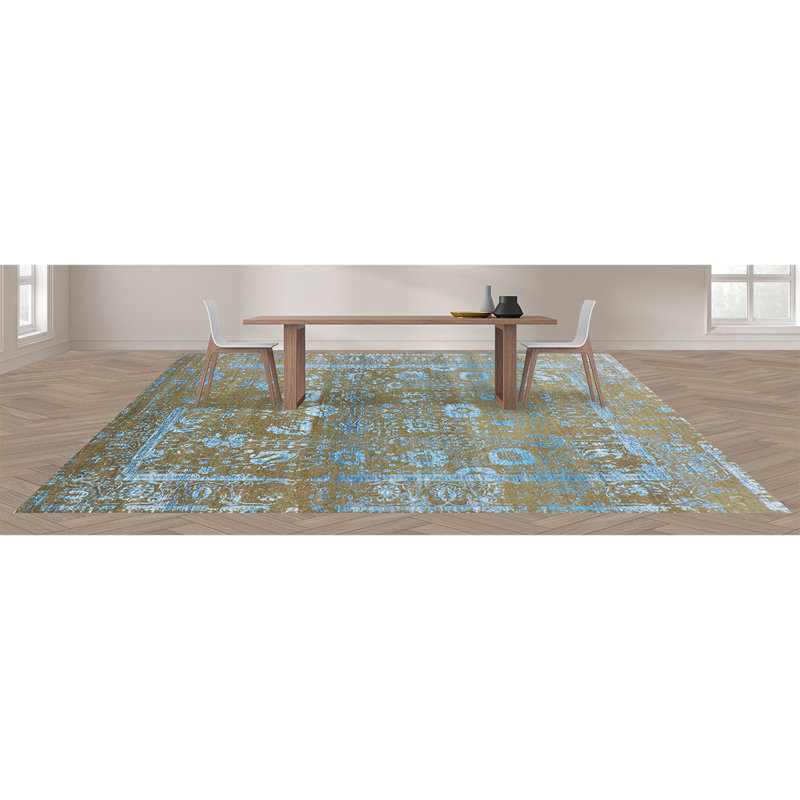Tapis bleu / brun / gris de haute qualité noué à la main, Rectangle 8 pi x 10 pi