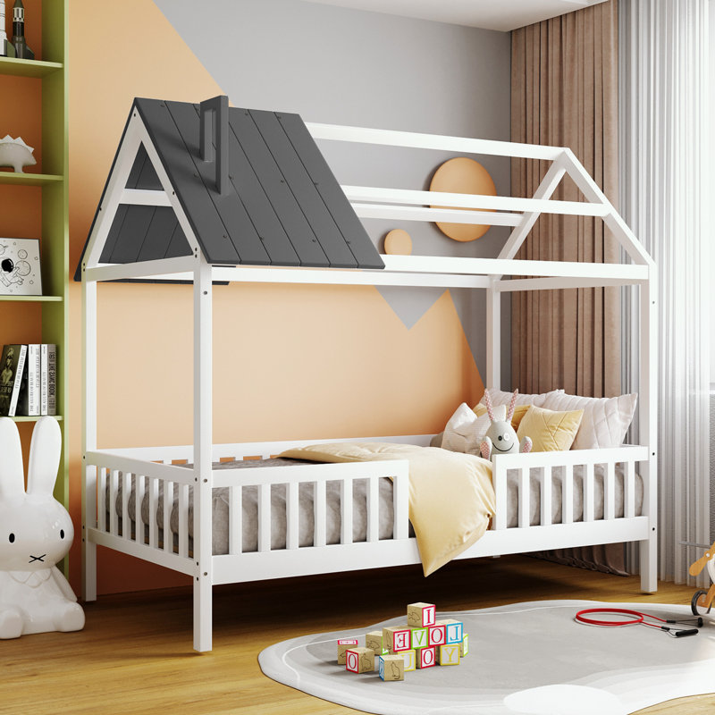 Lit simple en bois avec clôture, Blanc / gris