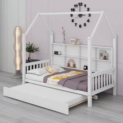 Lit simple avec lit gigogne et toit pour enfants, cadre de lit simple en bois avec tablettes de rangement