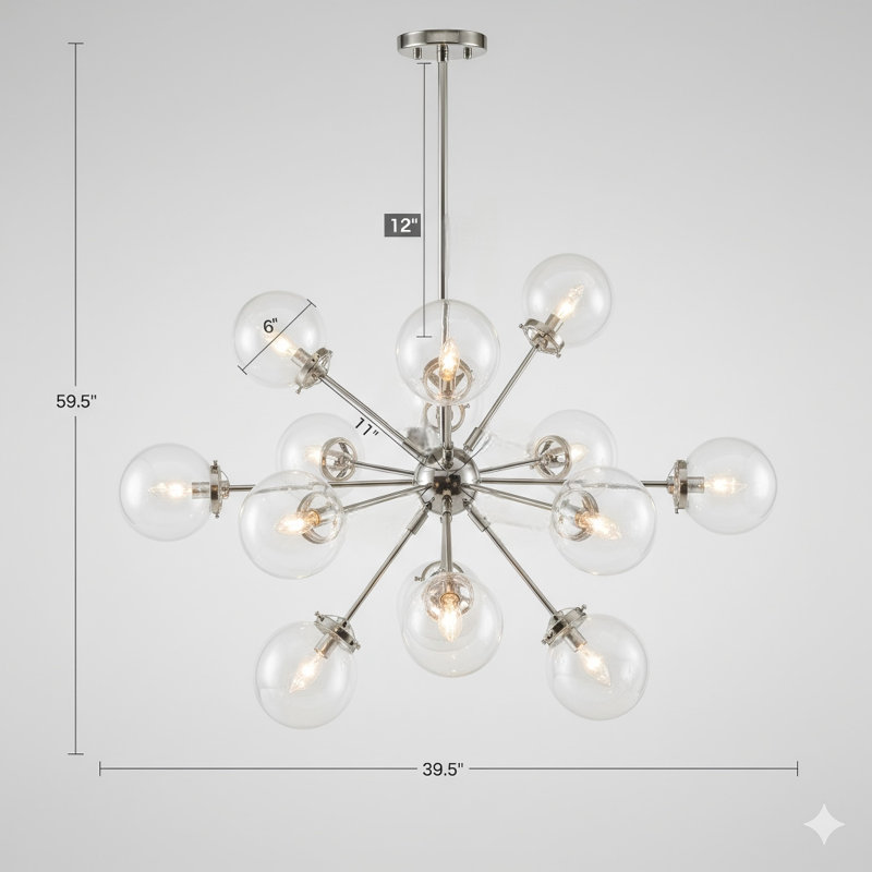 Twelve-Light Chandelier Using Oversized Spherical Bulbs.