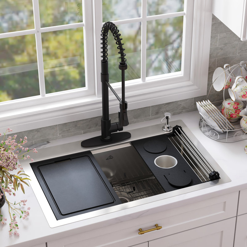 33" L x 22" W Drop-in Kitchen Sink with Faucet, Grid, Cutting Board Draining Baskets, Black