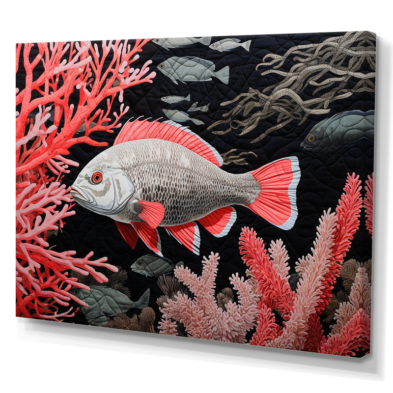 Impression sur toile monochrome de poissons roses et noirs sur toile, Toile tendue, H 30 po x l 40 po x P 1,5 po
