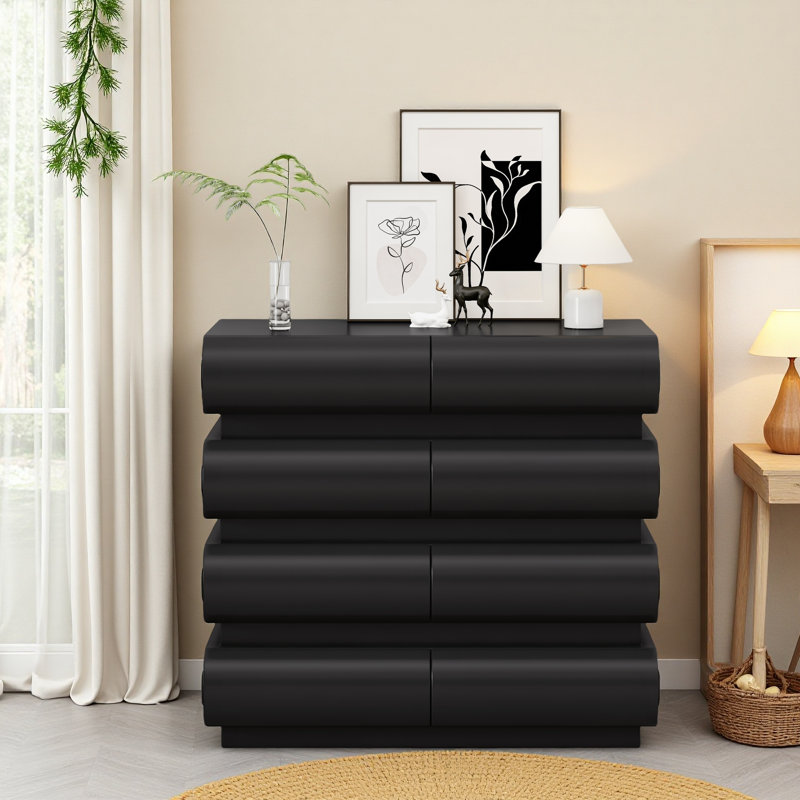 Commode 8 tiroirs pour chambre à coucher, commode sans poignée, commode moderne 8 tiroirs avec rangement large, Noir