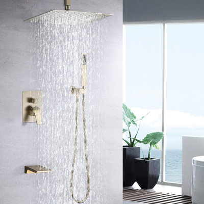 Système de douche 10 pouces, robinet de pluie explorant, acier inoxydable doré brossé, équilibré, 3 alternances, fixé au mur, masquage rapide, accroché