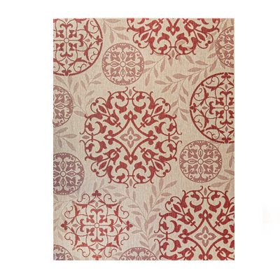 Solterra Sovana Red Cream Beige Transitional Tile Medallion Flatweave Polypropylene Indoor/ Outdoor Area Rug