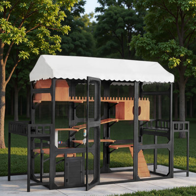 Large Outdoor Cat Enclosure With 2 Plant Stands, Weather-resistant Roof, Resting Box, Climbing Ramps And Wire Mesh