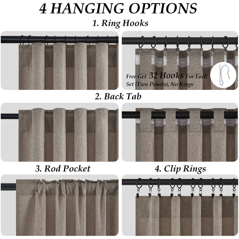Linen Textured Farmhouse Semi Sheer Window Curtain,Back Tab Hooks Drapes,Pleated Heading Tape (Set of 2 With Hooks), DarkFlax