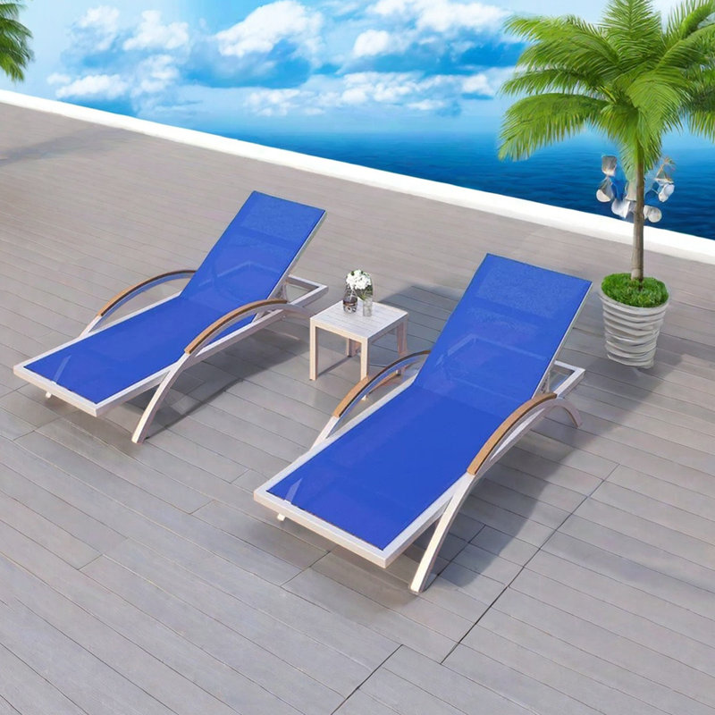 Outdoor Chaise Lounge Set with Table, Blue/White
