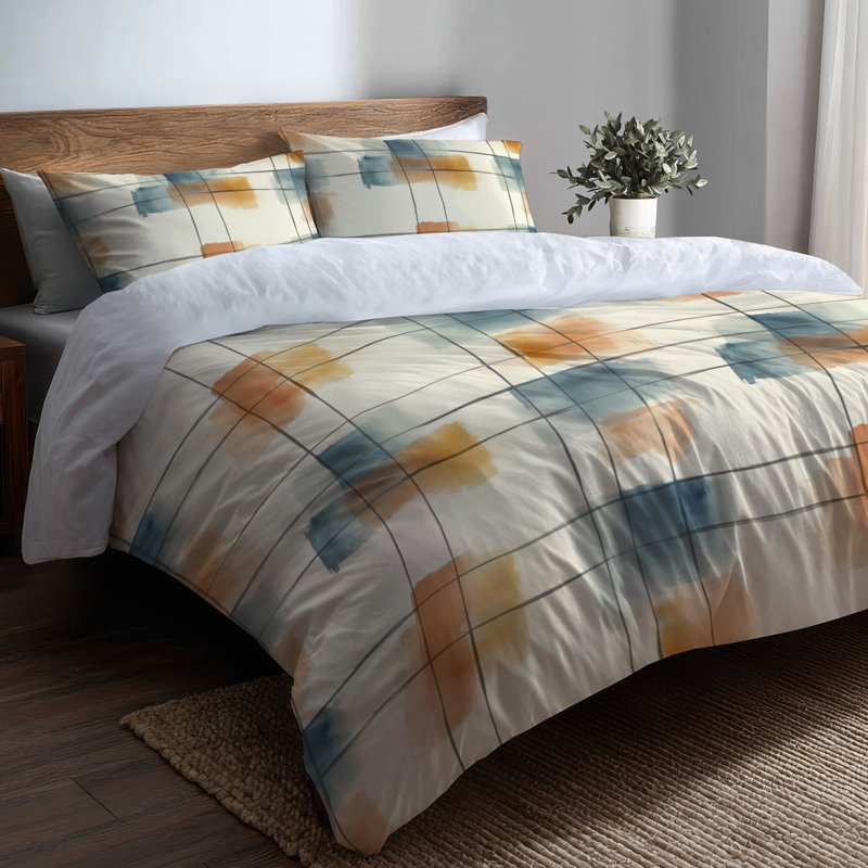 Ensemble de literie à motif écossais 3 pièces - Ensemble de housse de couette et de coussin à grille neutre orange