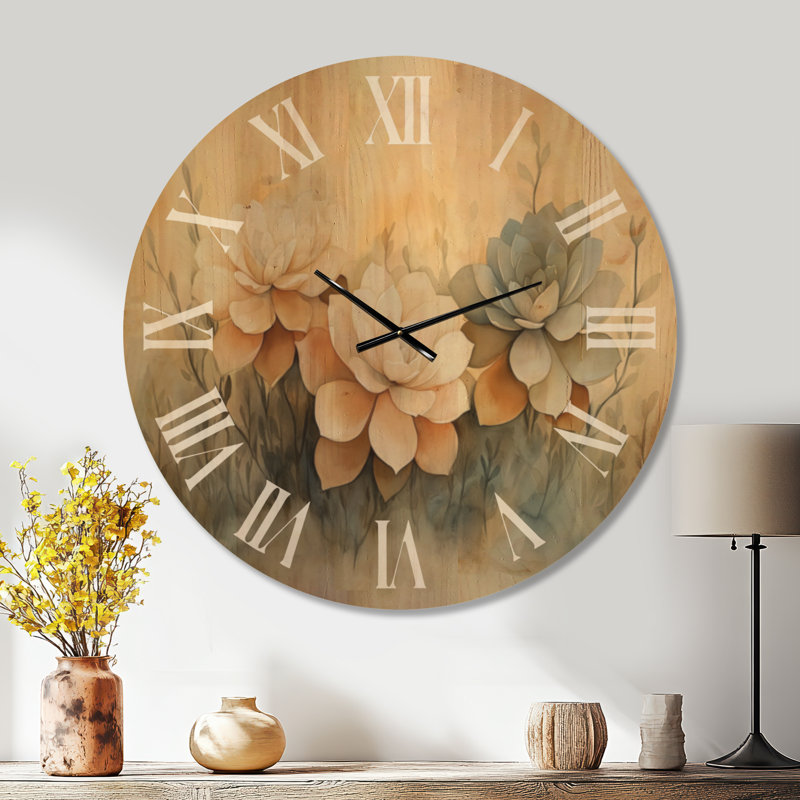 Horloge murale ronde en bois de style bohème, ornée de succulentes dorées, Très grand