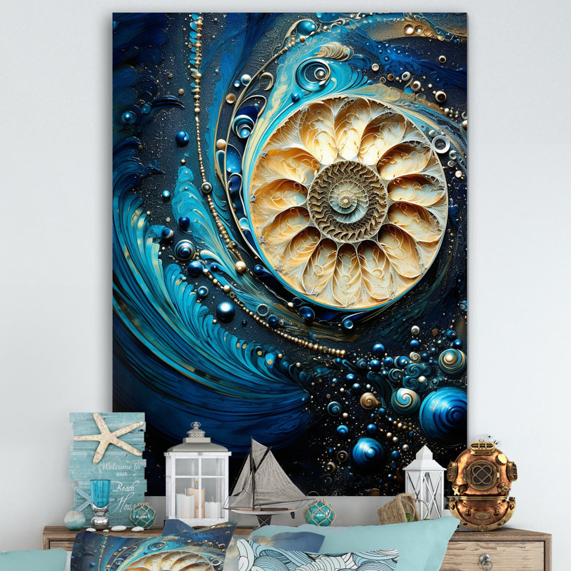 Nautilus, saphir, coquillages I sur toile, Toile tendue, H 20 po x l 12 po x P 1 po