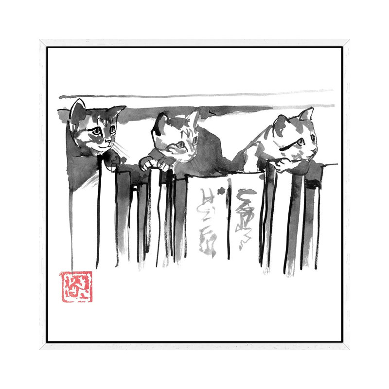 Cats In Library by Péchane - Painting on Canvas, 45.72 cm H x 45.72 cm W, White Framed