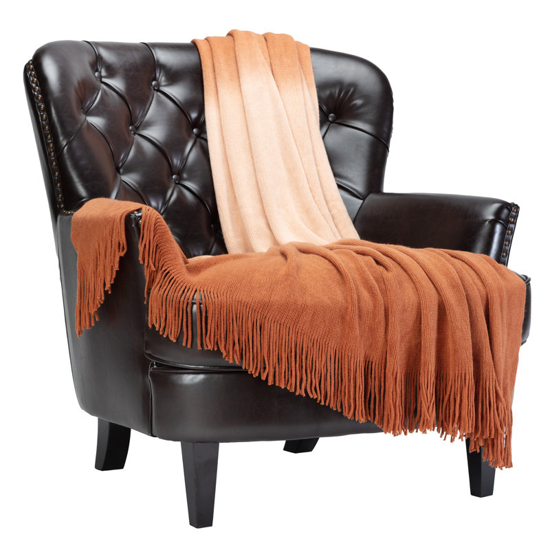 Caramel Gradient Ombre Knitted Faux Fur Throw Blanket with Tassels