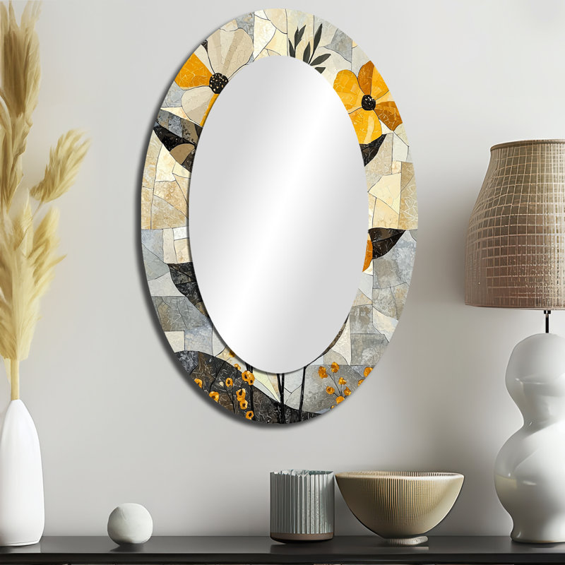 Fleur d'été en mosaïque sur une fleur grise du désert III - Miroir décoratif ovale abstrait sur métal, 36 po x 24 po