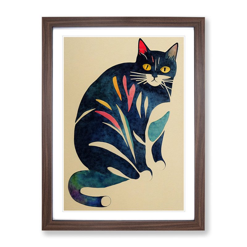 Cat Watercolour No.2 - Wall Art, 66cm H x 48cm W x 2cm D, Walnut Framed, White