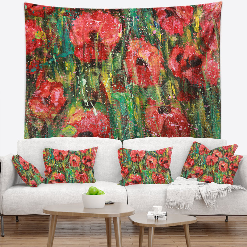 Tapisserie florale, coquelicots rouges, H 32 po x l 39 po