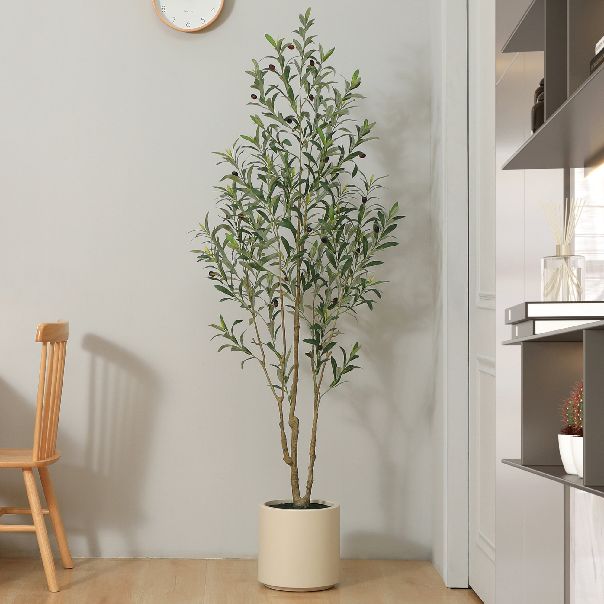 Altman Faux Olive Tree in White Planter, Lifelike Fake Olive Plant for Indoor and Outdoor Decor, 72'' H X 9.5'' W X 9.5'' D