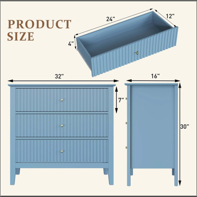 Table de chevet cannelée à 3 tiroirs, grande table de bout moderne pour chambre à coucher, Bleu clair