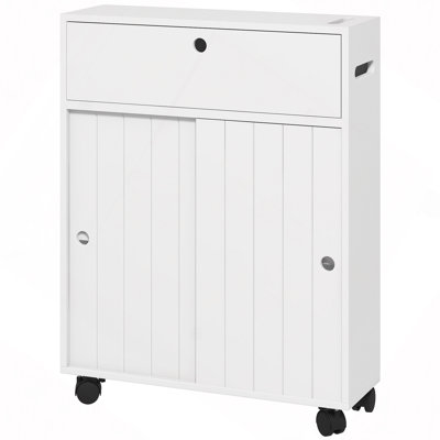 Toilet Paper Cabinet, Slim Bathroom Cabinet with 4 Rolling Wheels, Small Bathroom Storage Cabinet with Paper Holes, Sliding Doors and Adjustable Shelf for Small Space
