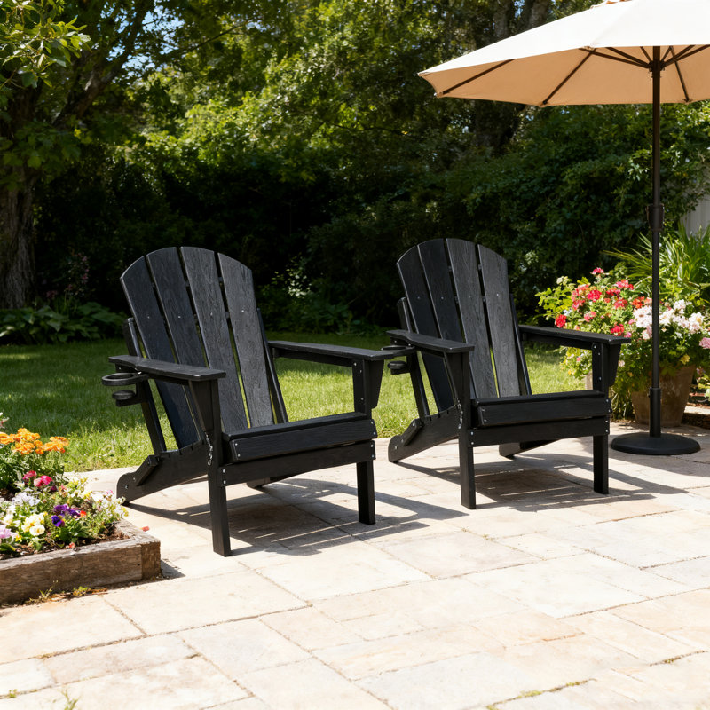 Hdpe Folding Adirondack Chairs With Cup Holder(Set Of 2), Black