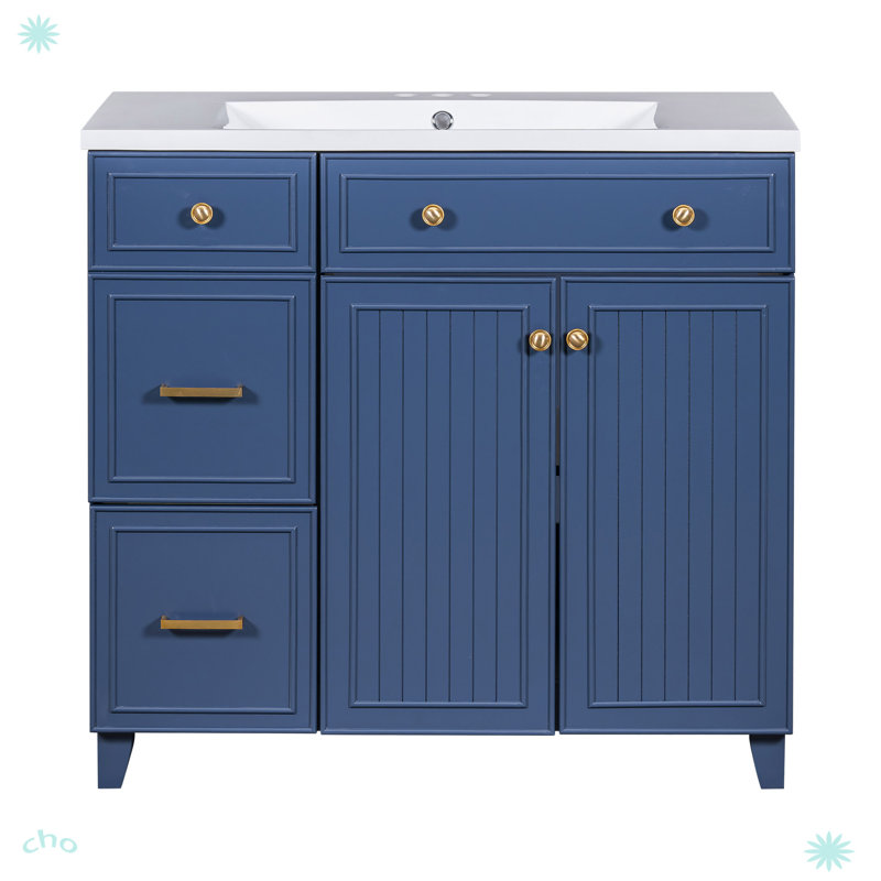 Armoire de salle de bain de style transitionnel de 36 pouces avec lavabo en résine, Bleu marine