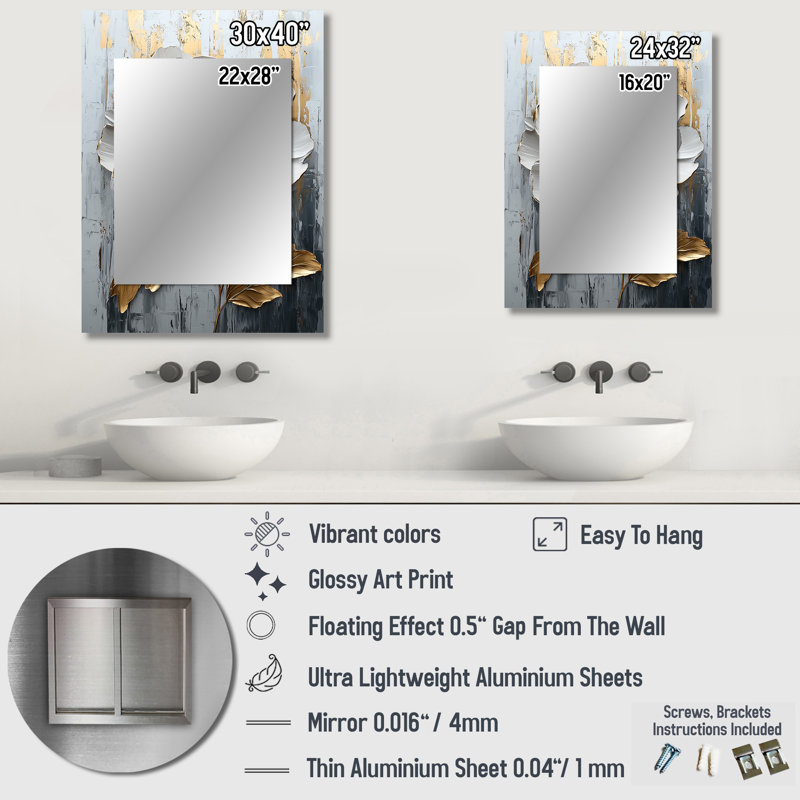 Or doré marbre blanc pivoine IV - miroir mural pivoine, miroir décoratif doré, impression d'art en métal, 32 po x 24 po