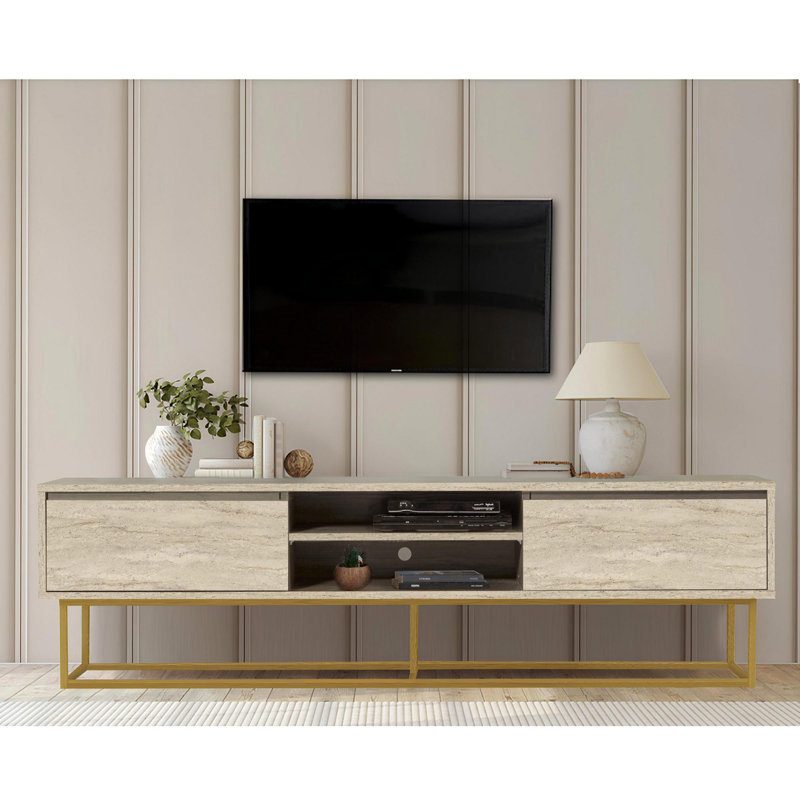 Modern TV Stand with Metal Frame, Travertine Color, 70.9 x 19.7 x 15.7 inches | 100% Melamine Coated Particle Board, Thickness: 0.7 inches | Wall-Mountable, Multiple Shelves, Stylish & Functional Design