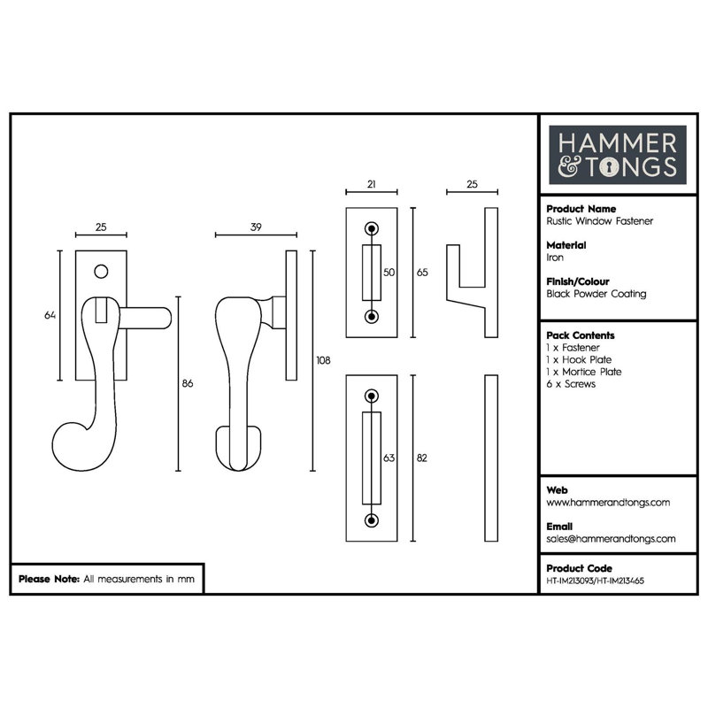 Hammer & Tongs - Rustic Window Fastener - Right Handed - W45mm x H110mm - Black