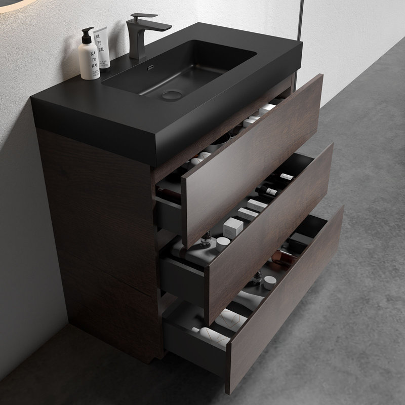 Alice 30" Rose Wood Freestanding Vanity with Black Top