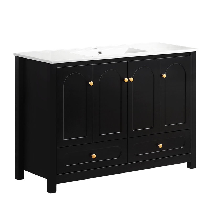 Meuble-lavabo noir de 48 po avec 4 portes coulissantes, 2 tiroirs, une structure robuste en bois massif, une armoire, une fermeture en douceur et un rangement spacieux et transitionnel, des portes à fermeture silencieuse
