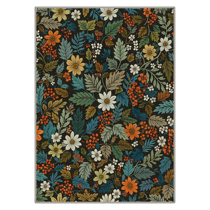 Tapis noir / blanc / vert à motif floral lavable à la machine avec envers antidérapant Ammons Edenwood