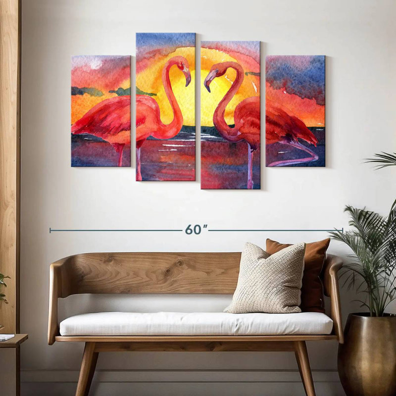 Flamants et coucher de soleil, H 32 po x l 52 po