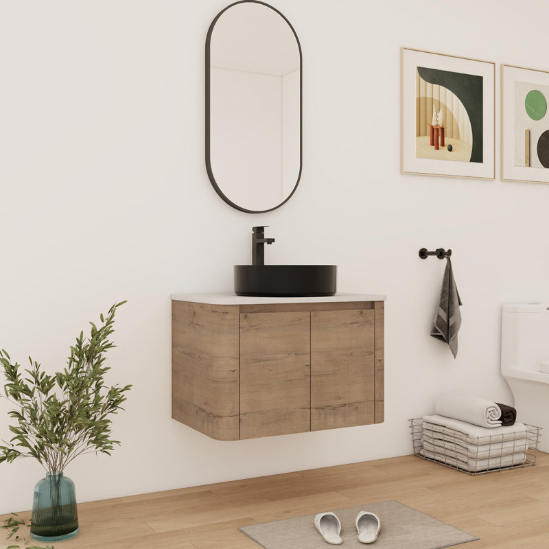 Meuble-lavabo flottant simple 30 po avec comptoir en céramique, Noir mat, 30", Brun