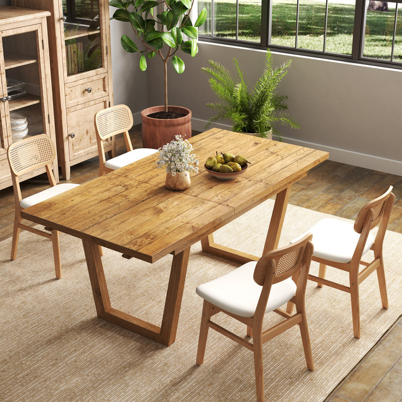 Farmhouse Dining Table Set, Solid Wood Extendable Dining Table And Rattan Back Dining Chair For Dining Room/Kitchen/Living Room