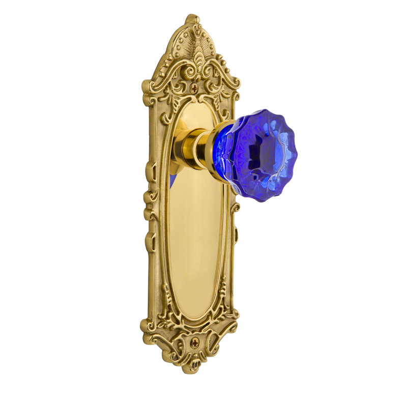 Victorian Plate with Crystal Cobalt Door Knob, Unlaquered Brass