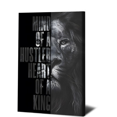 1PC Wall Arts Posters Framed,  Inspirational Lion Canvas Wall Art Black and White Motivational Quote Print Mind of a Hustler Heart of a King Modern Home Decor for Living Room Bedroom Office Gym Ready to Hang Artwork