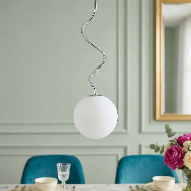 S-Curve Globe Pendant with White Jade Glass, Chrome