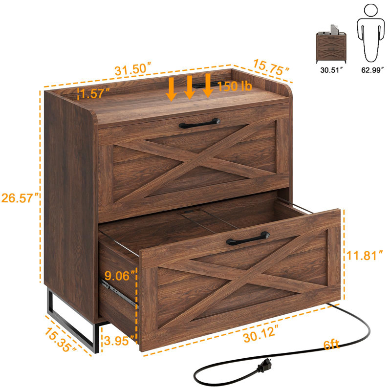 Lateral File Cabinet With Charging Station, Walnut