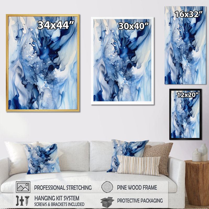 «Abstract Classic Blue Waves V - Fractals», reproduction sur toile encadrée, Cadre simple noir, H 20 po x l 12 po x P 1 po