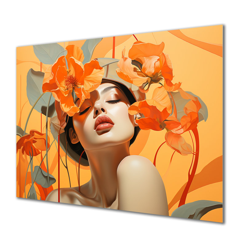 Orange Woman Portrait With Flowers Bloom II - Fashion Metal Wall Art MT133293, 16" H x 32" W x 1" D