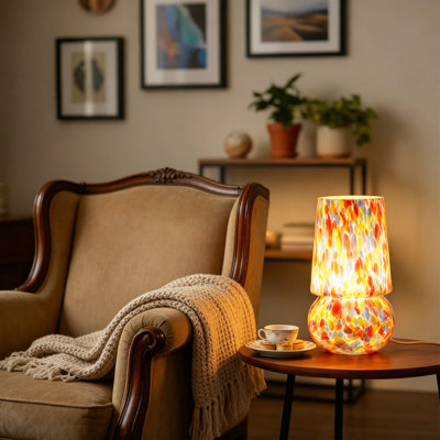Lampe de table champignon avec interrupteur rotatif à intensité variable, lampe de table de chevet en verre fabriquée à la main homologuée UL pour chambre à coucher et salon, cordon tissé, sans ampoule incluse