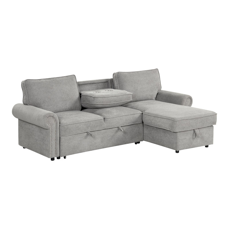 95" Convertible Sleeper Sofa With Storage Chaise | Drop-Arm Console & 2 Cup Holders | Easy-Clean Fabric On Solid Wood Frame | Modern Living Room Sectional,Gray